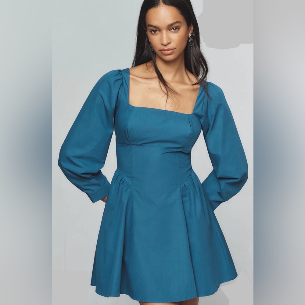 By Anthropologie Long-Sleeve Square-Neck Poplin Mini Dress